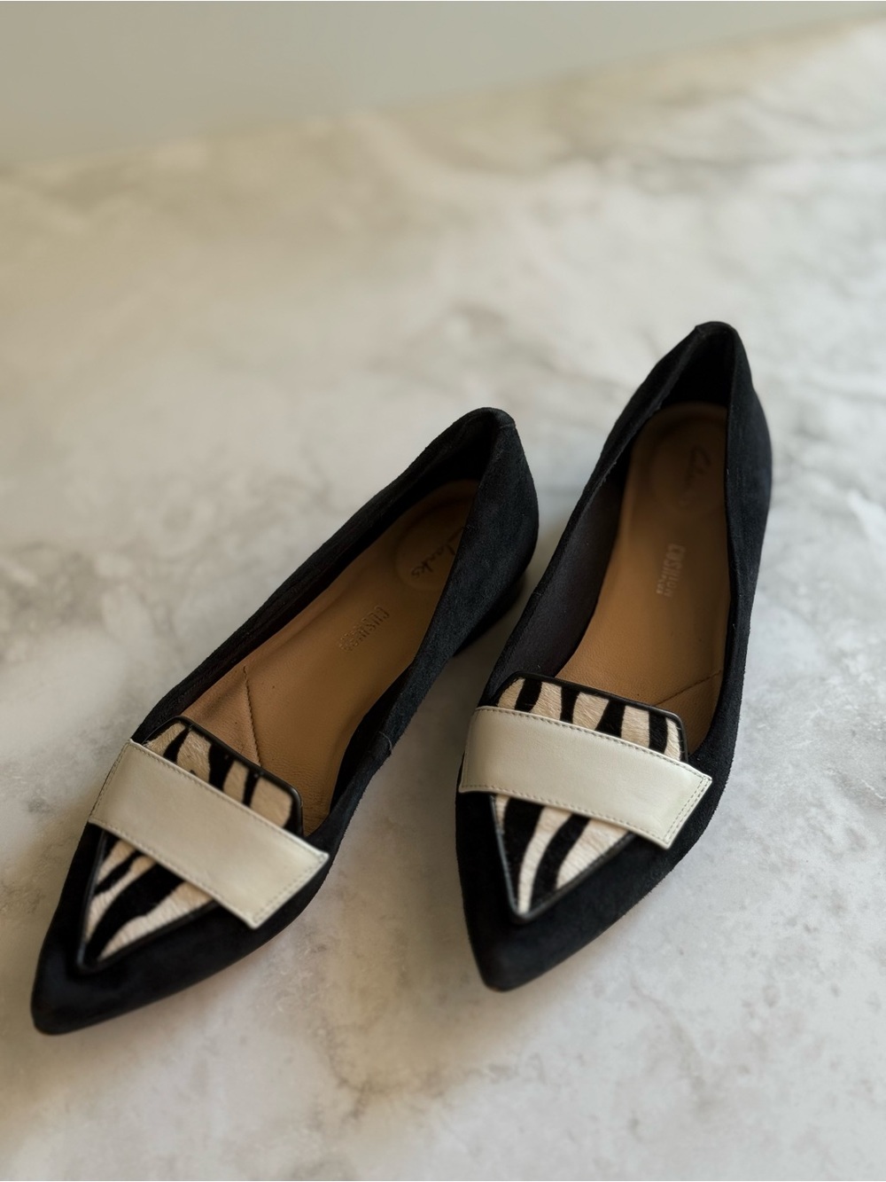 Clarks Cushion Plus Black Suede Zebra Flats Size 6.5 EU 37